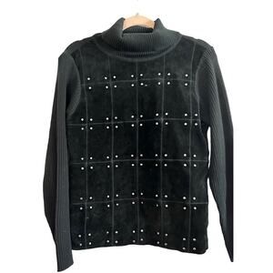 Vintage ESCAPADE Black Suede Rivet Ribbed Turtleneck Sweater Top - Medium